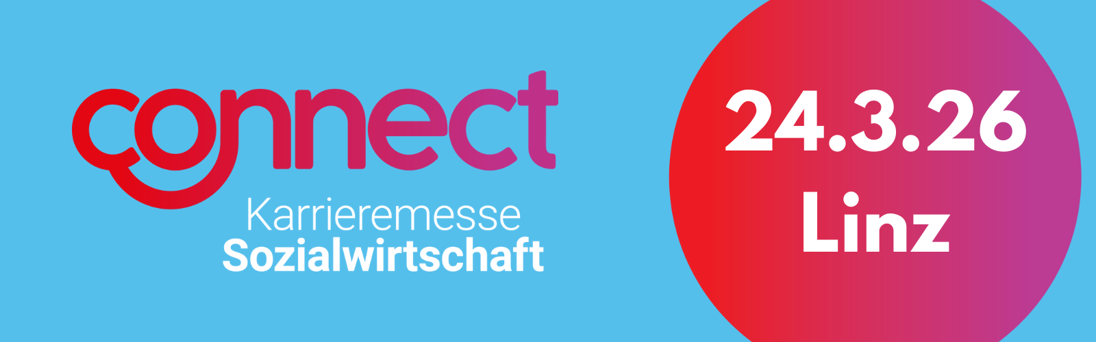 Das ist eine Grafik mit dem Logo der Connect Karrieremesse Sozialwirtschaft und dem Datum 24. März 2026 in Linz